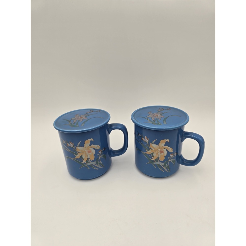 Vintage Pair Coffee Cup With Warming Lid Blue Iris Floral Set Of 2 Mugs 1980s